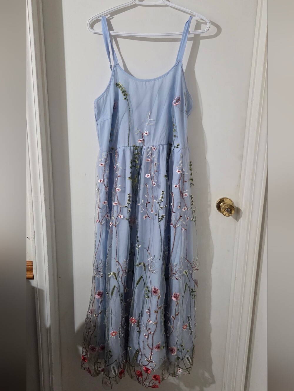 BloomChic Baby Blue Floral Embroidered Spaghetti-Strap Dress